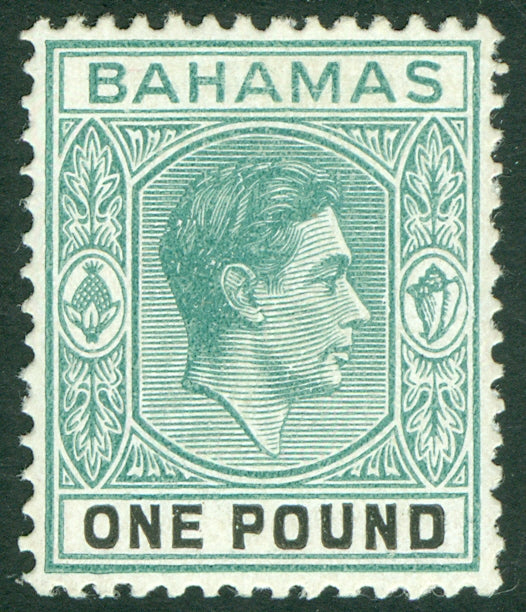 SG 157 Bahamas 1938-52. £1 deep grey-green & black, thick paper. Very lightly mounted mint CAT £250