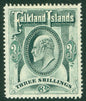 SG 49 Falklands 1904. 3/- green. A fine fresh lightly mounted mint example CAT £190