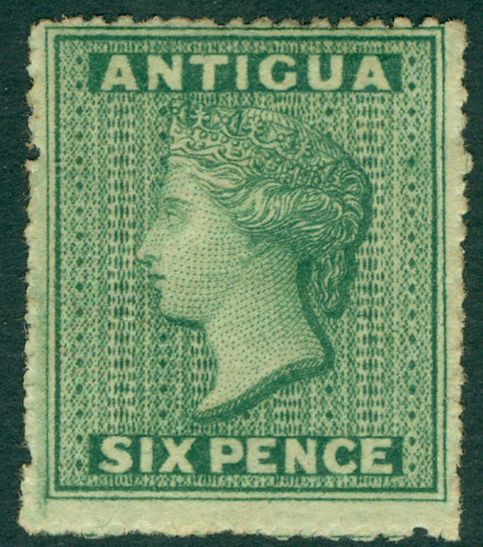 SG 8 Antigua 1863-67. 6d green, watermark small star, rough perf 14-16. A fine fresh mounted mint example CAT £700