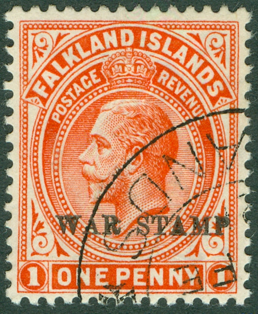 SG 71d Falklands 1918. 1d orange-vermilion on thick paper. Very fine used CAT £225
