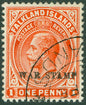 SG 71d Falklands 1918. 1d orange-vermilion on thick paper. Very fine used CAT £225