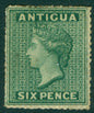 SG 9 Antigua 1863-67. 6d dark green, watermark small star, rough perf 14-16. Mounted mint CAT £750