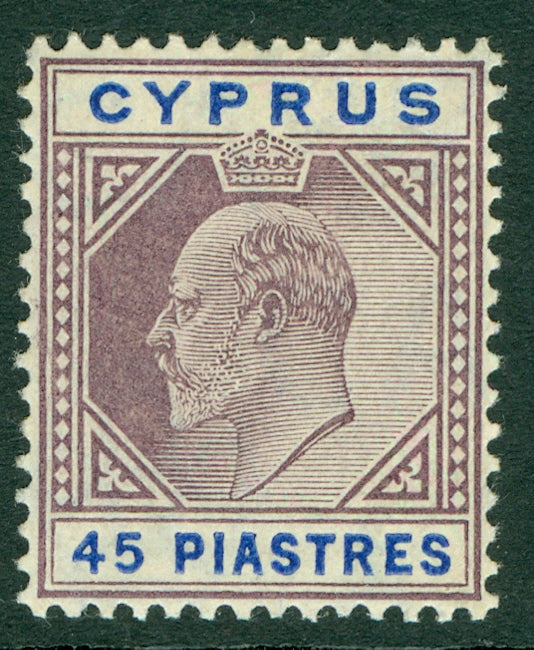SG 71 Cyprus 1904-10. 45pi dull purple & ultramarine. A fine fresh very lightly mounted mint example CAT £130