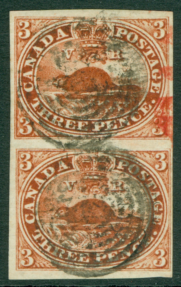SG 6 Colony of Canada 1852-57. 3d deep red imperf vertical pair. Very fine used, full margins CAT £550