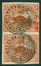 SG 6 Colony of Canada 1852-57. 3d deep red imperf vertical pair. Very fine used, full margins CAT £550