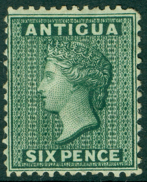 SG 15 Antigua 1872. 6d blue-green, watermark crown CC, perf 12½. A fresh mounted mint example CAT £550