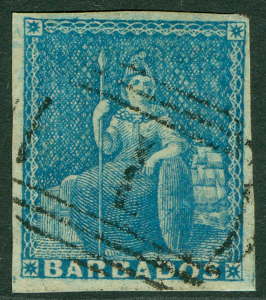 SG 3 Barbados 1855-58 (1d) blue. Very fine used. 4 good to large margins CAT £190