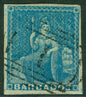 SG 3 Barbados 1855-58 (1d) blue. Very fine used. 4 good to large margins CAT £190