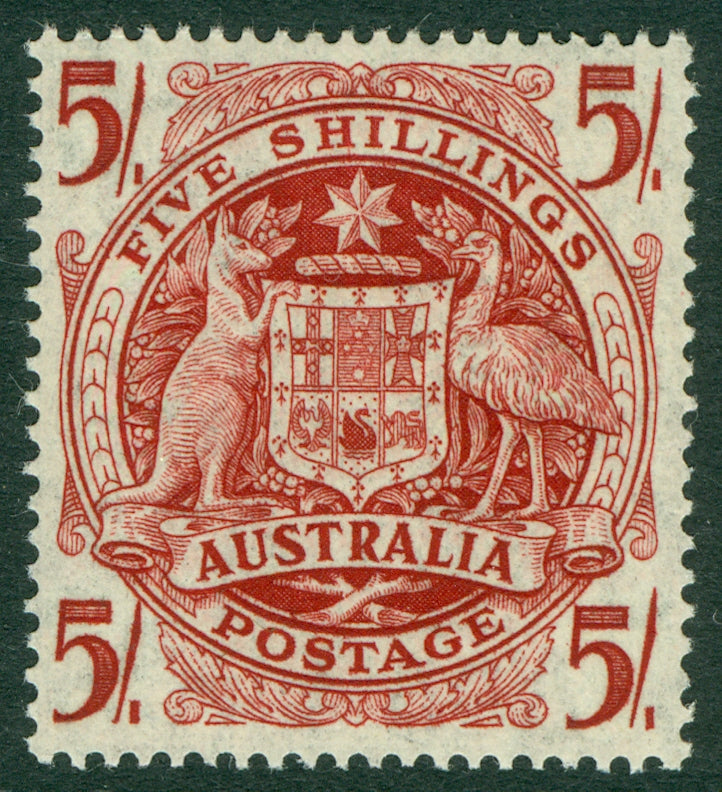 SG 224ab Australia 1948. 5/- claret on thin paper. Fine unmounted mint CAT £120