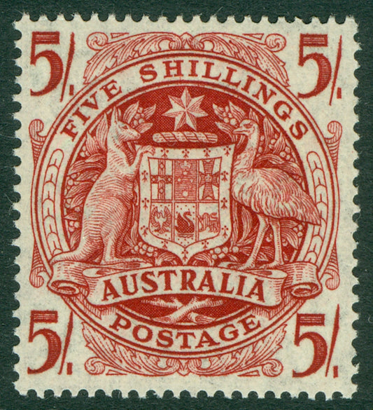 SG 224ab Australia 1948. 5/- claret on thin paper. Fine unmounted mint CAT £120