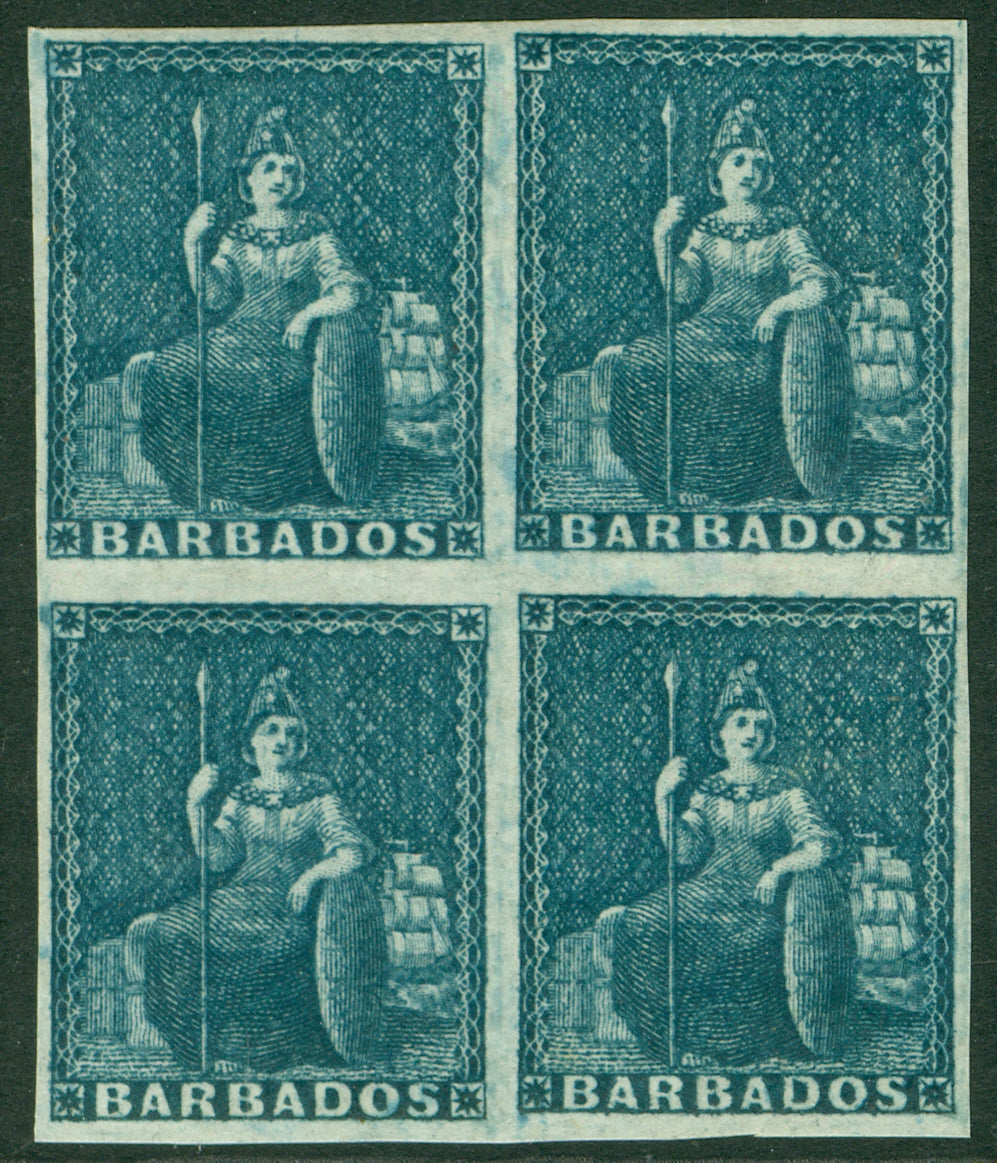 SG 4 Barbados 1852-55 (1d) deep blue. A fine fresh lightly mounted mint block of 4. Full fine margins CAT £180