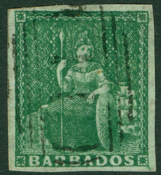SG 8 Barbados 1855-58 (½d) green. Very fine used. 4 good to large margins CAT £150