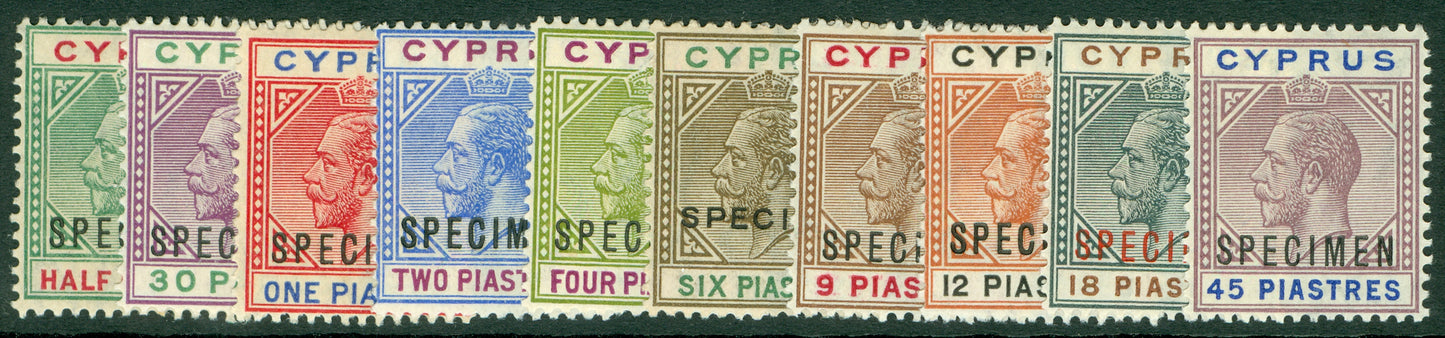 SG 75-84 Cyprus 1912-15. ½pi-45pi overprinted specimen in black. 18pi in red. ½pi& 1pi toned gum, others fine mounted/lightly mounted mint CAT £3600