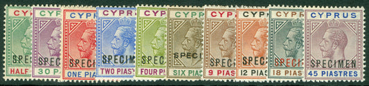 SG 75-84 Cyprus 1912-15. ½pi-45pi overprinted specimen in black. 18pi in red. ½pi& 1pi toned gum, others fine mounted/lightly mounted mint CAT £3600
