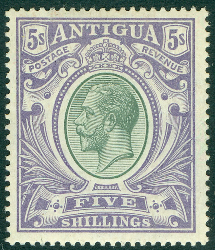 SG 51 Antigua 1913. 5/- grey-green & violet. Very lightly mounted mint CAT £95