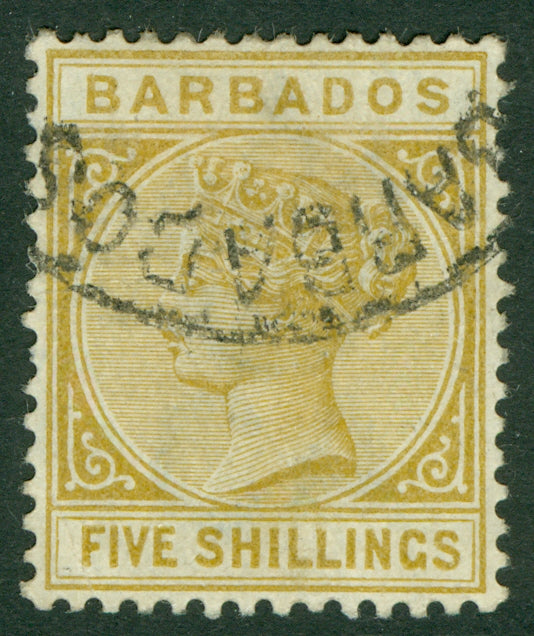 SG 103 Barbados 1882. 5/- bistre. Fine used CAT £300