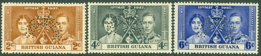 SG 305-307 British Guiana 1937 Coronation set of 3 ‘perf’ specimen (horseshoe). Fine fresh unmounted mint CAT £120