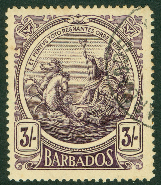 SG 191 Barbados 1916-19. 3/- deep violet. Very fine used CAT £180