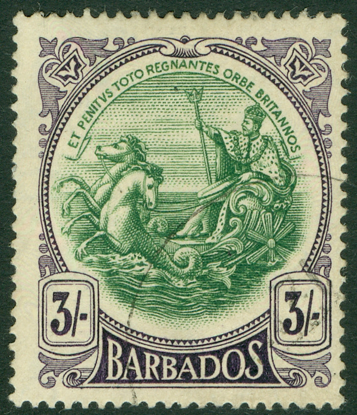 SG 200 Barbados 1918. 3/- green & deep violet. Very fine used CAT £110