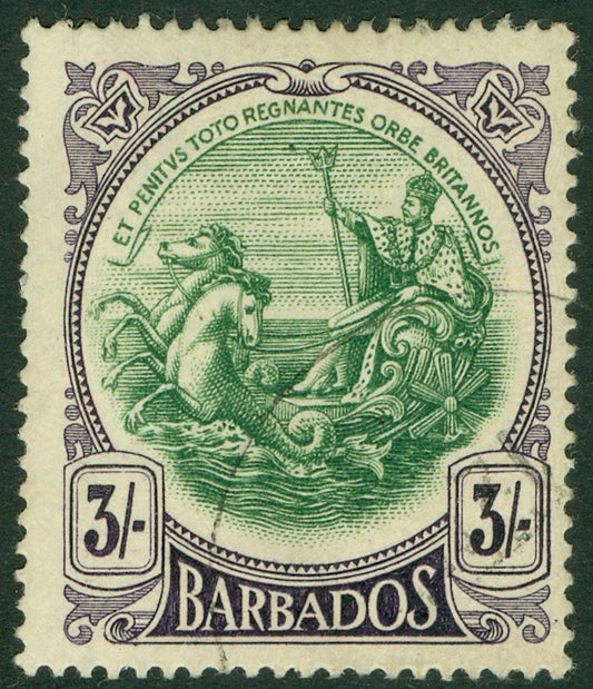 SG 200 Barbados 1918. 3/- green & deep violet. Very fine used CAT £110