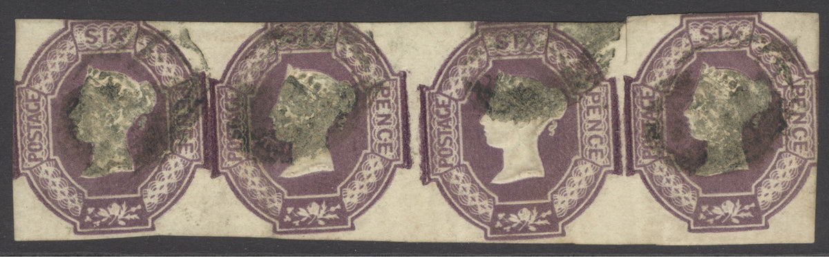 SG 58 6d mauve strip of 4. Good used, scissor cut in margin. A scarce multiple CAT £3000